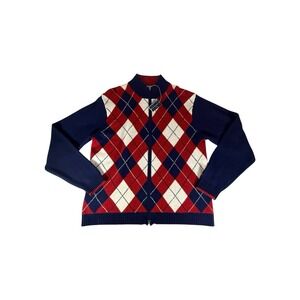 Tommy Hilfiger Cardigan Adult XL Red Argyle Lambswool Full Zip Long Sleeve Mens